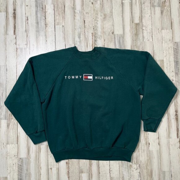 Vintage Y2k Tommy Hilfiger Forest Green Box Logo Crewneck Sweater Womens Size XL - Picture 1 of 5